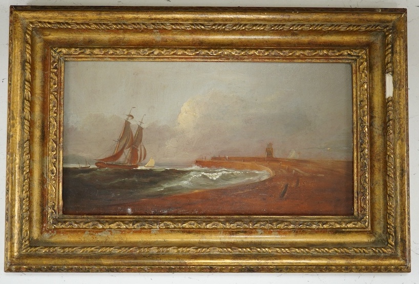 20th century School, maritime oil on board, Coastal view with ships, 14 x 27cm, ornate gilt frame. Condition - fair to good